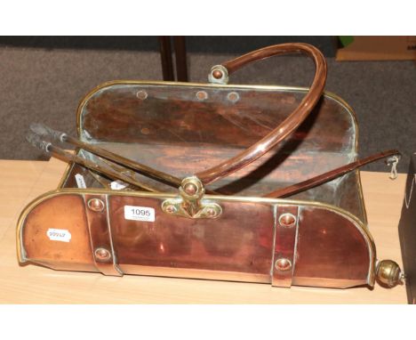 A copper and brass swing handled log basket, with riveted detailing, in the Arts &amp; Crafts manner; together with various f