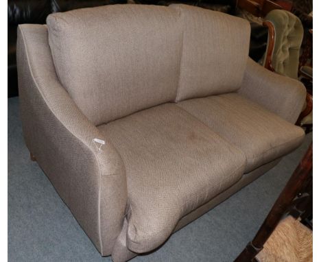 A two-seater sofa, retailed by House of Fraser, modern, upholstered in brown tweed-effect fabric, with rounded arms and four 