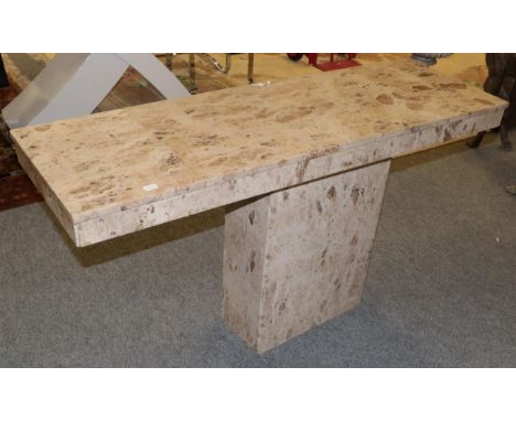 A Travatine console hall table, modern, the rectangular top above a rectangular column base, 140cm by 45cm by 74cm