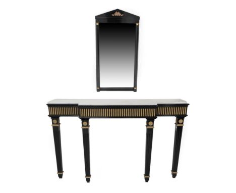 An ebonised and parcel gilt breakfront console table, modern, with grey and white rectangular marble top above a fluted friez