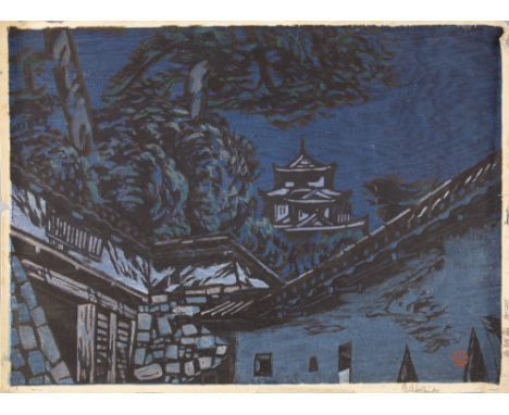OKIIE HASHIMOTO (1899 - 1992)Moonlight, Himeji Castle, Osaka Coloured woodblock print, 40 x 55cm;Together with another by the