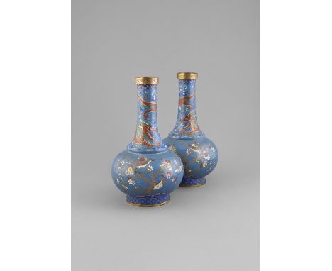 A PAIR OF CLOISONNE ENAMEL PEAR SHAPED BOTTLE VASES, C.1800, each mounted with gilt-metal collars engraved with greek-key orn