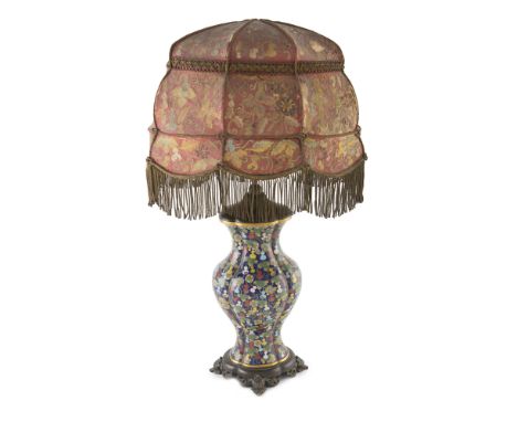 A CLOISONNE VASE, 19th century, converted to a table lamp, with bronze mount and stand, the body of lobed oval shape filled w