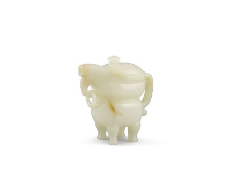 A PALE CELADON JADE ARCHAISTIC  VESSEL AND COVER, late Qianlong (1736 - 1795), of even tone with mild russet inclusions, the 