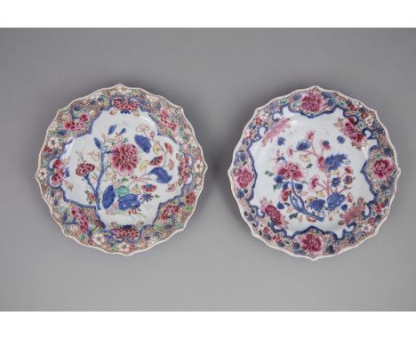 A PAIR OF PINK ENAMEL EXPORT WARE DISHES, 18th Century, each decorated with quatrefoil reserves, peony blooms and cellular bo