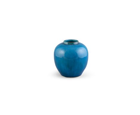 A TURQUOISE GLAZED MONOCHROME VASE, 19th century, of ovoid form, covered with a light crackled glaze thinning to a green tone
