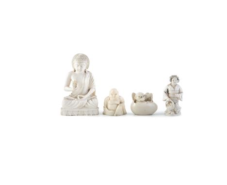 A COLLECTION OF THREE SMALL IVORY CARVINGS; comprising a seated Buddha, 8.5cm high, a carved ivory figure of Hotei, 4cm high 