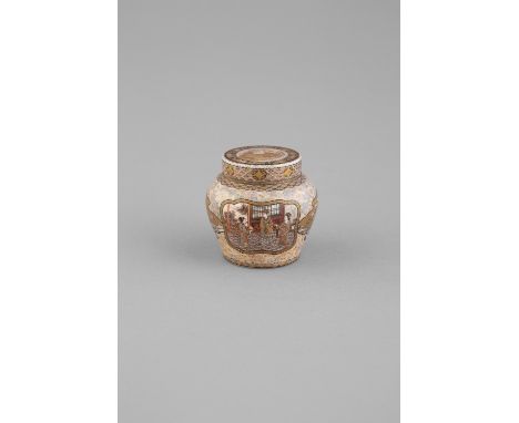 A VERY FINE SATSUMA EARTHENWARE JAR AND COVER, Meiji Period (1868-1912)  of slight baluster form, the cover centred with a co