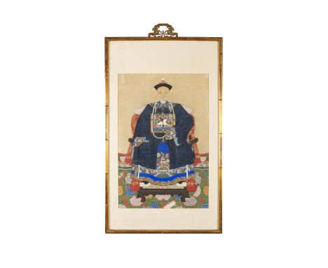 CHINESE SCHOOL (19TH CENTURY)Portrait of a civil official, seated wearing a midight bluerobe with Mandarin square woven with 