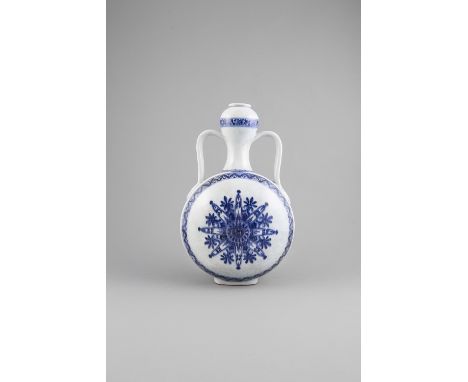 A MING REVIVAL BLUE AND WHITE DOUBLE GOURD FLASK, 17th century, of near eastern inspiration, the flattened circular body pain