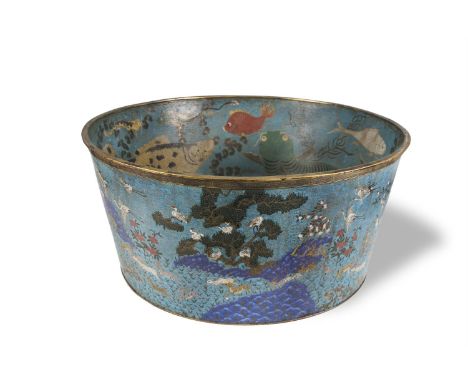 A LARGE CLOISONNÉ ENAMEL FISH BASIN, Qianlong (1736 - 1795), of deep circular form with slightly tapering sides, the exterior