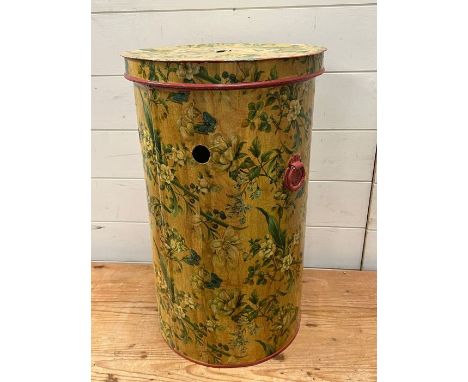 A vintage lidded storage bin with drilled holes to side and lid (H54cm Dia33cm)