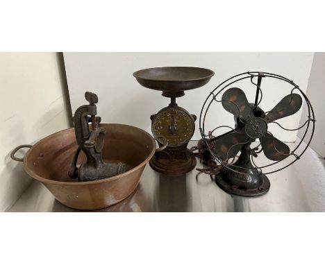 A  selection of various metal and copper ware  items to include a Salters family scale,  vintage fan, copper pot etc 