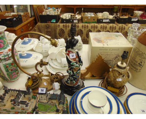 Three lamps inc. Owl figure and oriental figural lamp