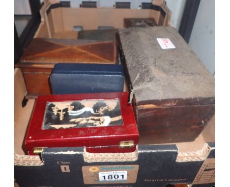 Box of boxes including mahogany tea caddy with liners
