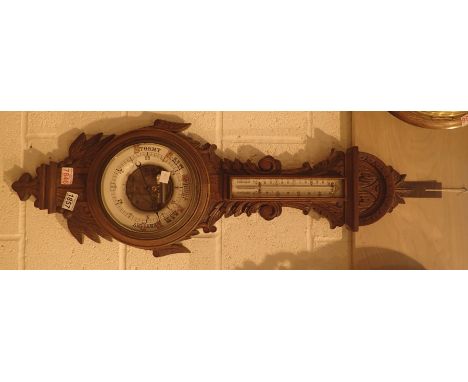 Antique oak cased banjo aneroid barometer thermometer 