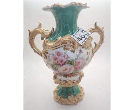 Twin handled Royal Worcester green ground vase decorated with hand painted village and floral panels cream glaze with gilt hi