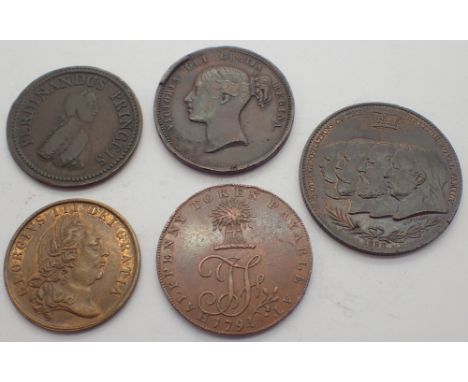 Five tokens Frederick King of Prussia Court Gazette Convenience of Society 1797 and Remington typewriter and a gaming token