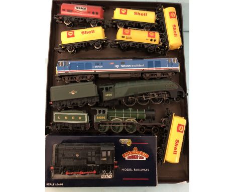 Mixed locomotives and rolling stock including Bachmann BR shunter and Hornby Mallard