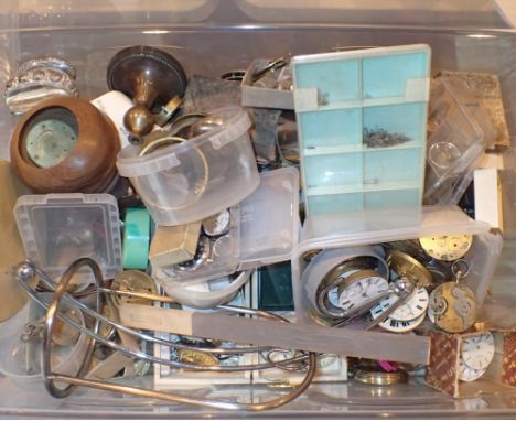 Box of pocket watch parts and clock mechanisms