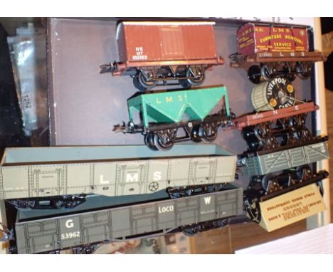 Hornby O gauge wagons x 8 including no 2 high capacity LMS high capacity GW LMS container cable drum tipper hopper etc CONDIT