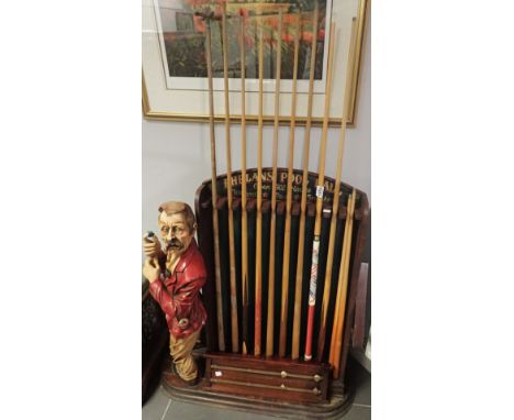 Snooker cue holder titled Phelans Pool Room with snooker &amp; pool cues including Riley