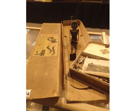 Original boxed tap dancing Dinah and a wooden steam engine jigsaw with postcard
