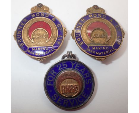 Two Brunner Mond (ICI)War Materials enamel badges numbers 615 and 631 and a hallmarked silver 25 Years Service Badge