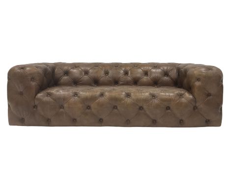 Three seat club sofa, upholstered in deeply button tan brown leatherDimensions: Height:&nbsp;71cm&nbsp; Length/Width:&nbsp;25