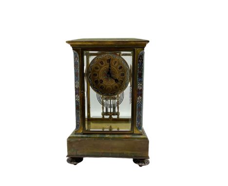 Decorative Art Nouveau, c1905 French four glass mantle clock with a green onyx rectangular plinth and chamfered onyx top, clo