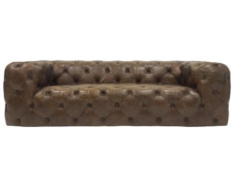 Three seat club sofa, upholstered in deeply button tan brown leatherDimensions: Height:&nbsp;71cm&nbsp; Length/Width:&nbsp;25