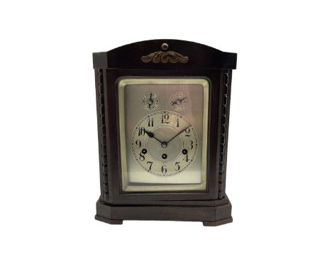 Early 20th century German Westminster chiming mantle clock in a ebonised finished wooden case, eight-day spring driven three 