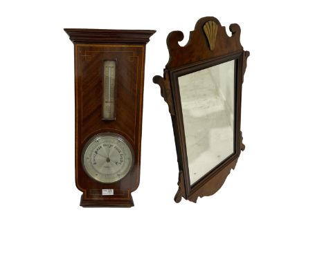 Edwardian Sheraton revival mahogany aneroid barometer and thermometer with string inlay and satinwood bands together with  Ch