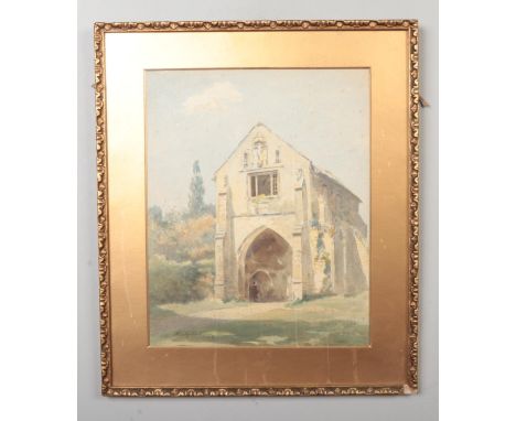 Gilt framed watercolour, architectural study. Gatehouse and figure, signed indistinct and dated 1915, 32 x 26cm.  
