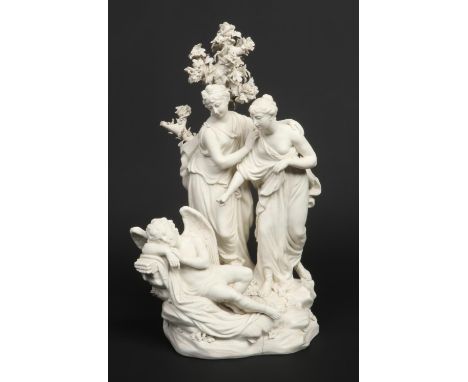 A Derby biscuit figure group. The awakening of Cupid. Depicting Cupid sleeping resting upon his quiver with a pair of Virgins