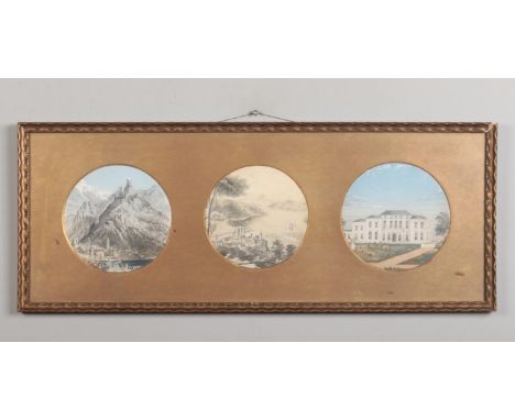 A trio of 19th century Continental pencil and gouache roundel drawings framed as one. Two extensive landscapes and one archit