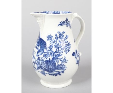 A Caughley baluster shaped mask jug. Printed in underglaze blue with the Parrot Pecking Fruit pattern c.1775, 18.25cm.  Good 