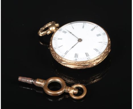 A 19th century French 18 carat gold fob watch. With emerald green guilloche enamel caseback set with diamonds and having whit