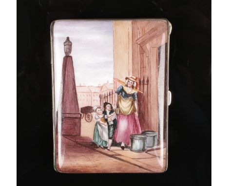 A early 20th century Continental silver plated and gilt metal cigarettes case. With enameled top depicting a scene from the C