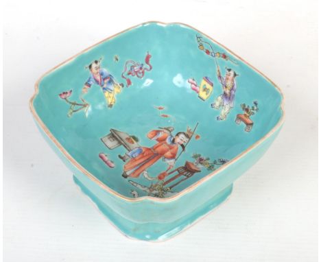 A Chinese Daoguang (1821-1850) square bowl with reeded corners. Turquoise ground and finely enamelled with figures at various