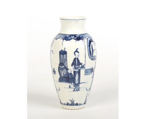 A Worcester baluster shaped vase. Painted in underglaze blue with Chinese figures between lambrequin borders including the so