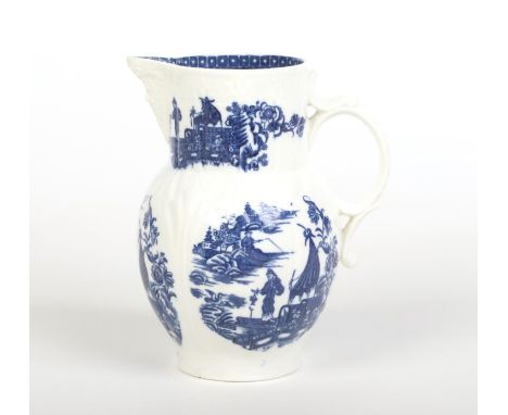 A Caughley leaf moulded mask jug. Printed in underglaze blue with five scenes depicting a fisherman. S x mark c.1780, 16.5cm.