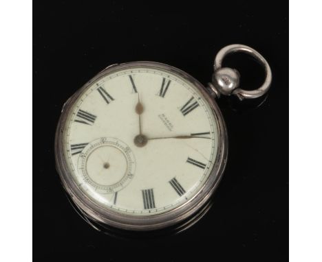 A silver cased pocket watch. With enamel dial having subsidiary seconds and signed Hazel, London. Assayed London 1927.  Runs 