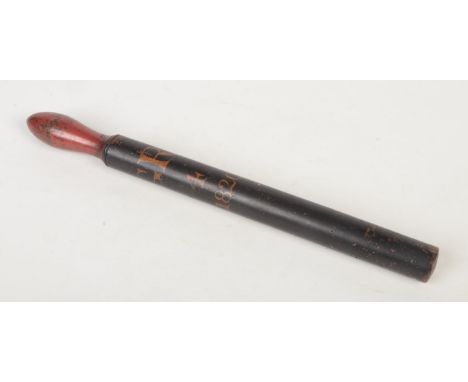A George IV turned and painted truncheon. With red handle but predominantly black ground, having yellow lettering inscribed G