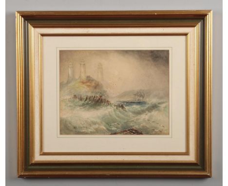 Follower of Henry Barlow Carter, gilt framed watercolour. Seascape with rough seas, a ship and lighthouse. Signed, 22cm x 28c