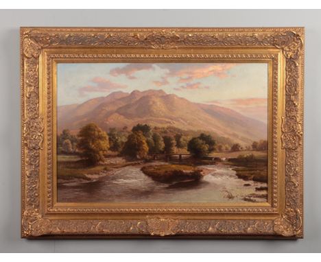 Edward Henry Holder (1847-1922) gilt framed oil on canvas. Mountainous landscape with a river, figures and cattle in the fore