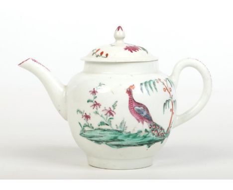 A Worcester globular teapot and cover with pointed finial. Painted in the workshop of James Giles with a peacock in a landsca