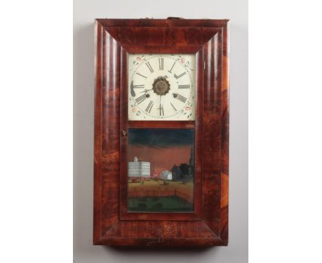 A 19th century American mahogany cased 30 hour alarm clock by E. N. Welch. With a reverse painted glass panel depicting a vie
