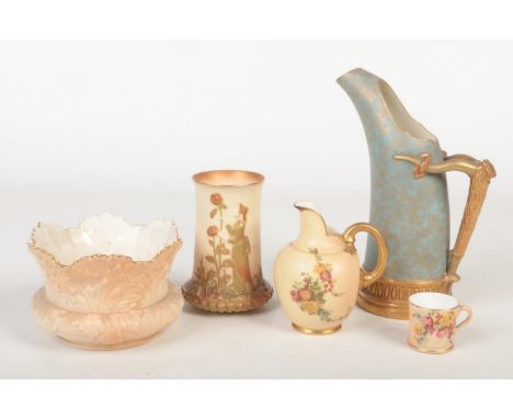 Four pieces of Royal Worcester blush ware and a Locke &amp; Co planter. Including a blue ground tusk jug, moulded aesthetic v