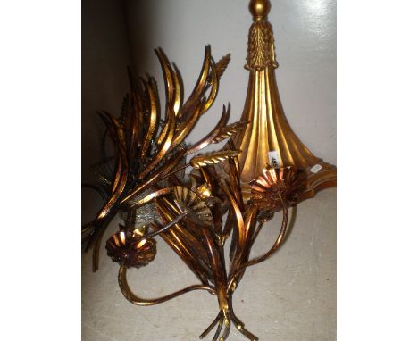 PAIR OF GILDED METAL WALL CANDELABRA'S  PLUS ONE GILTED WOODEN WALL SHELF  